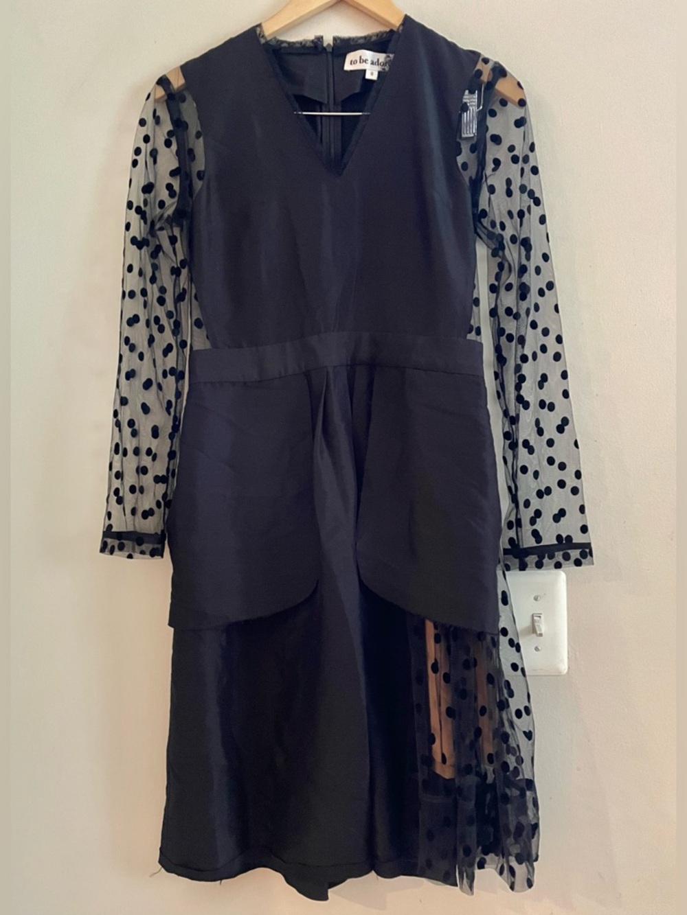 To Be Adored 100% Silk Polka Dot Long Sleeves Black Dress V Neck Size 2- EUC